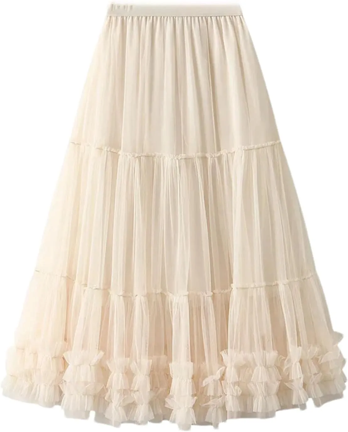 Women's Ruffle Mesh A-Line Tulle Skirt Korean Casual Folds Long Skirts