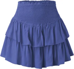 Women's Ruffle Tiered Mini Skirts Casual Smocked High Waisted Pleated Short Skirt Summer Flowy Lightweight Beach Skirt