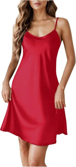 Women's Satin Nightgown Silk Slip Dress Sleepwear Sexy V Neck Negligee Lingerie Short Nightwear