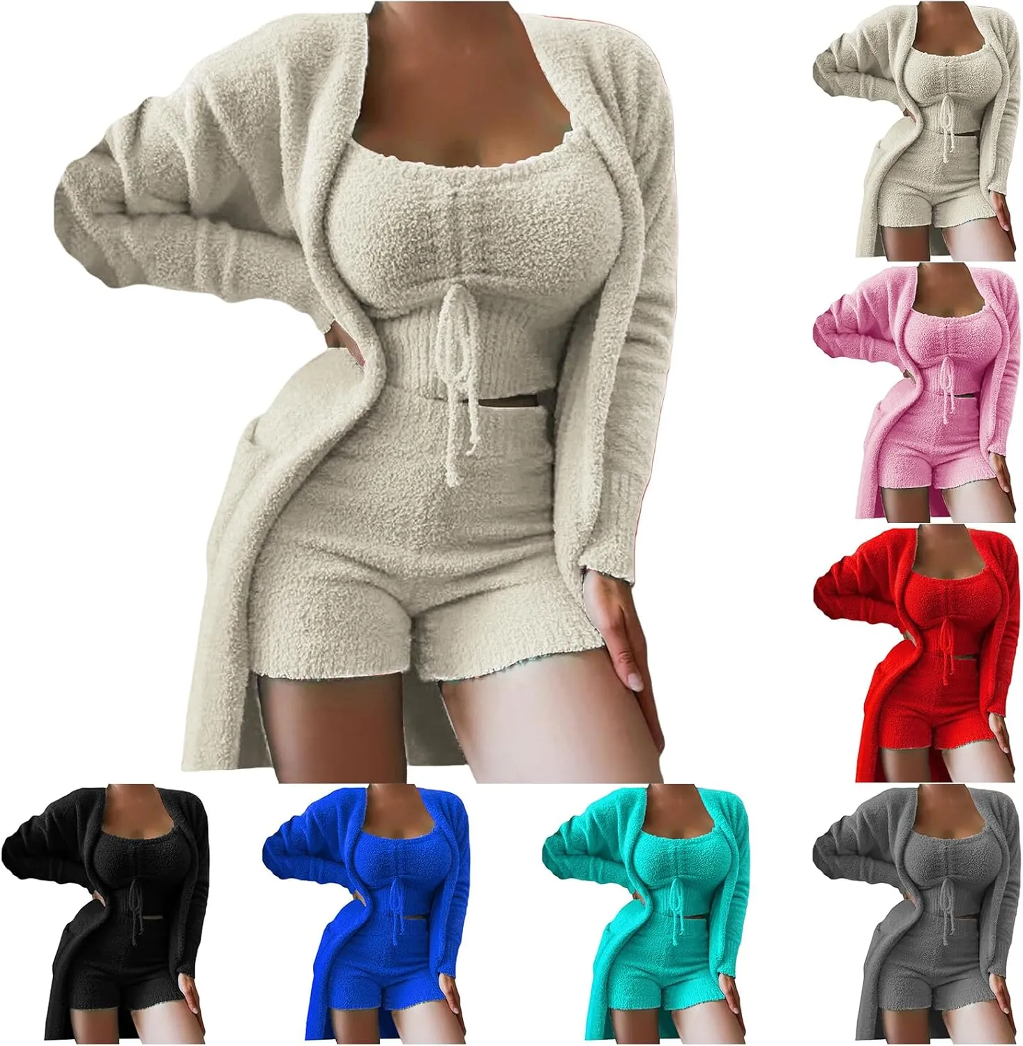 Womens Sexy Fuzzy 3 Piece Outfits Sherpa Crop Top Shorts Open Front Cardigan Pajamas Loungewear