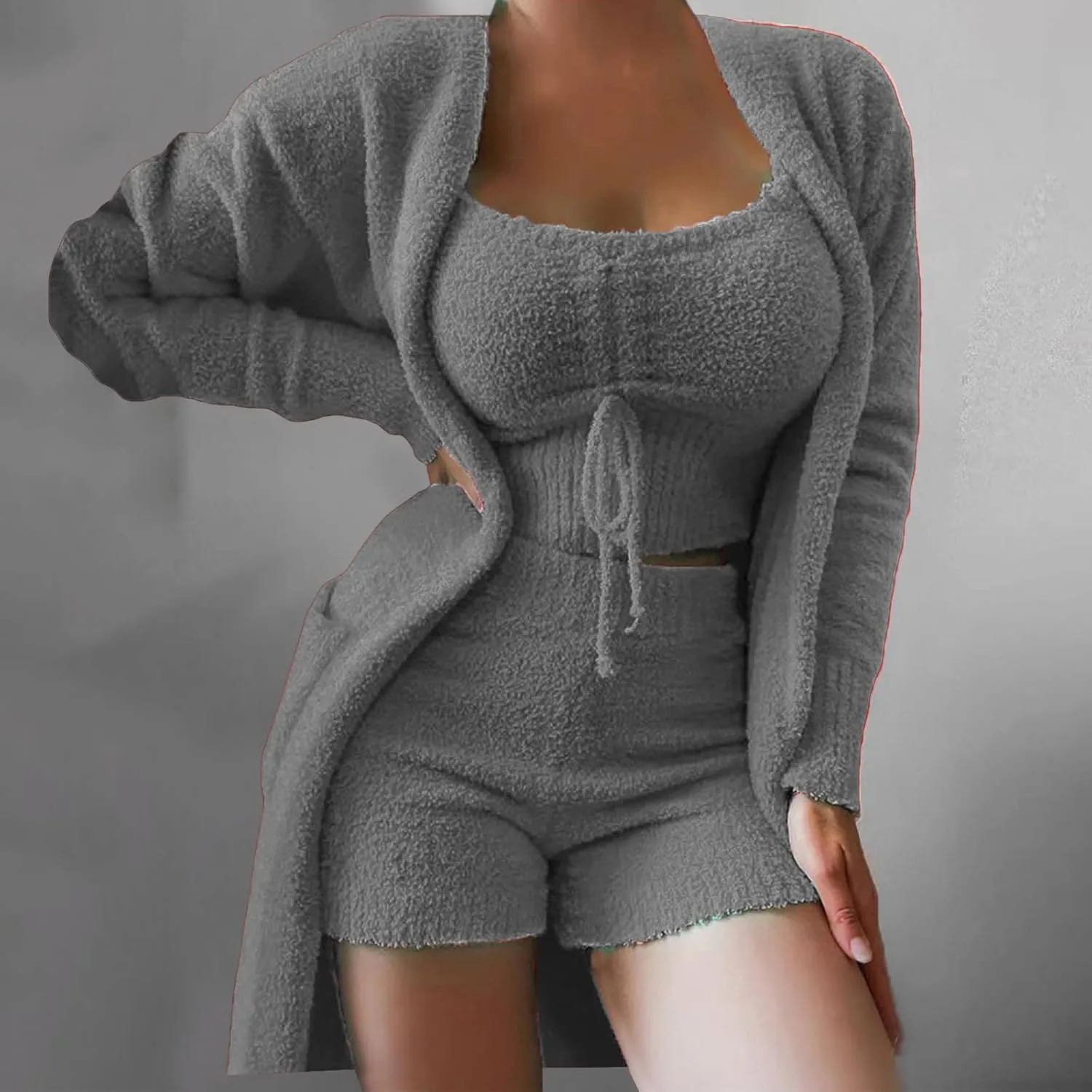 Womens Sexy Fuzzy 3 Piece Outfits Sherpa Crop Top Shorts Open Front Cardigan Pajamas Loungewear