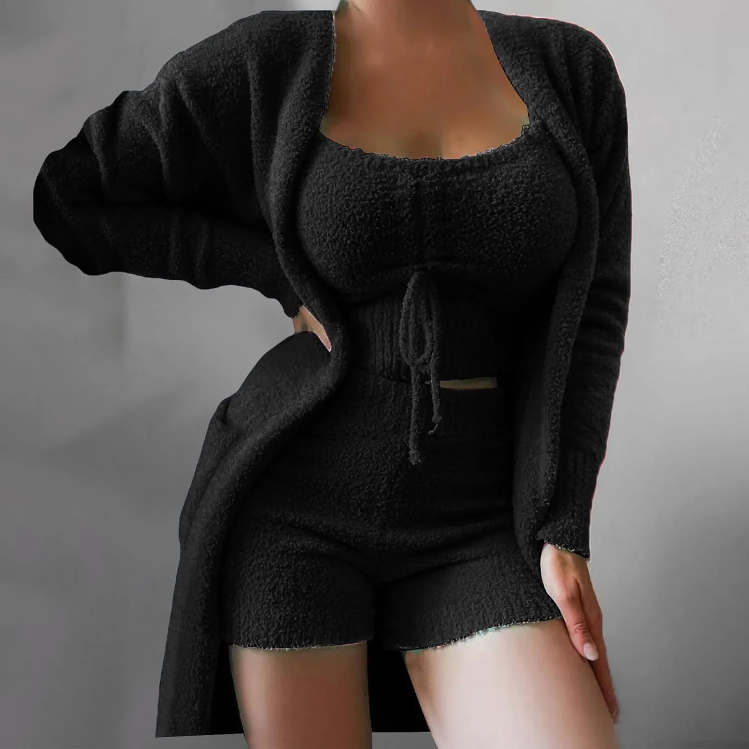 Womens Sexy Fuzzy 3 Piece Outfits Sherpa Crop Top Shorts Open Front Cardigan Pajamas Loungewear