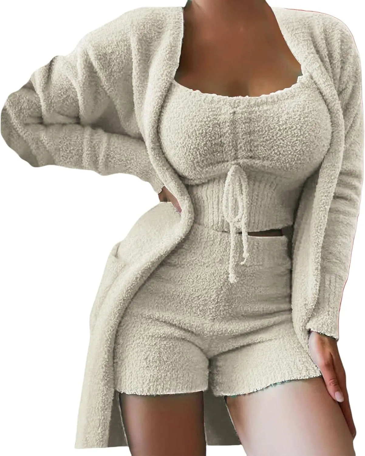 Womens Sexy Fuzzy 3 Piece Outfits Sherpa Crop Top Shorts Open Front Cardigan Pajamas Loungewear