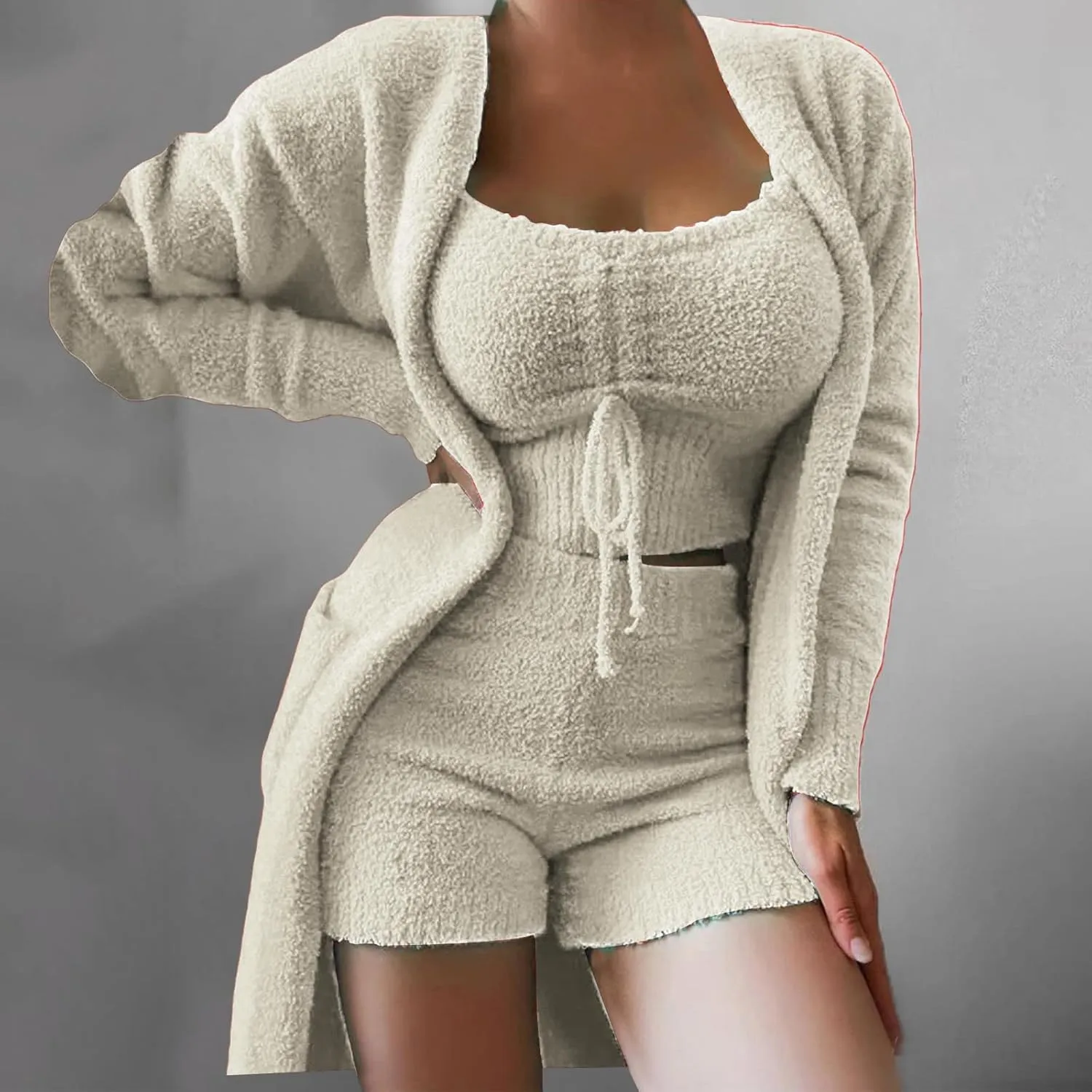 Womens Sexy Fuzzy 3 Piece Outfits Sherpa Crop Top Shorts Open Front Cardigan Pajamas Loungewear