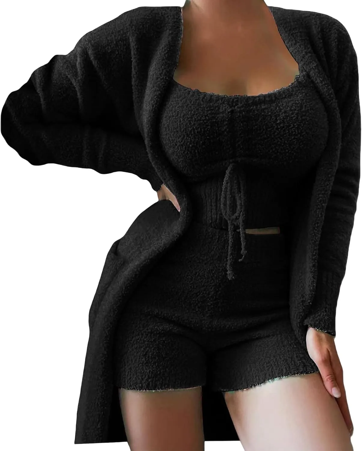 Womens Sexy Fuzzy 3 Piece Outfits Sherpa Crop Top Shorts Open Front Cardigan Pajamas Loungewear