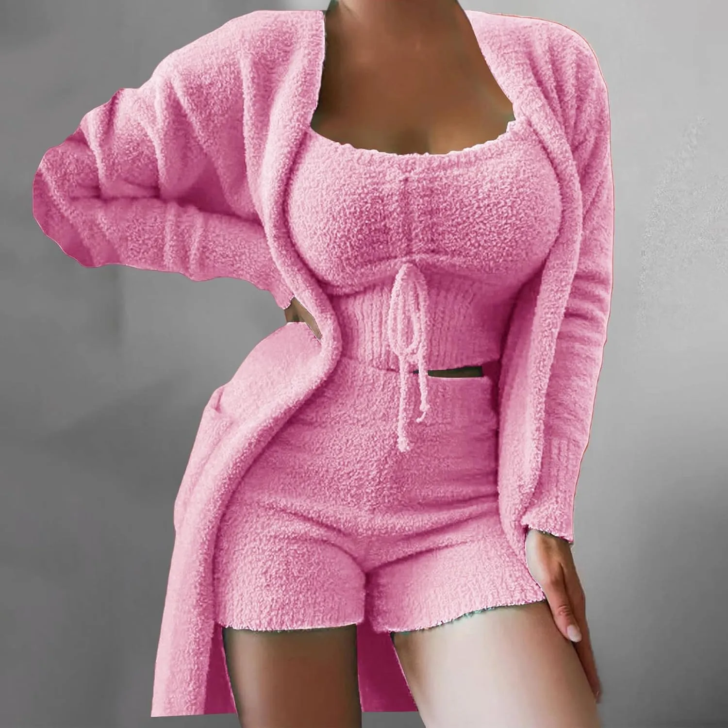 Womens Sexy Fuzzy 3 Piece Outfits Sherpa Crop Top Shorts Open Front Cardigan Pajamas Loungewear