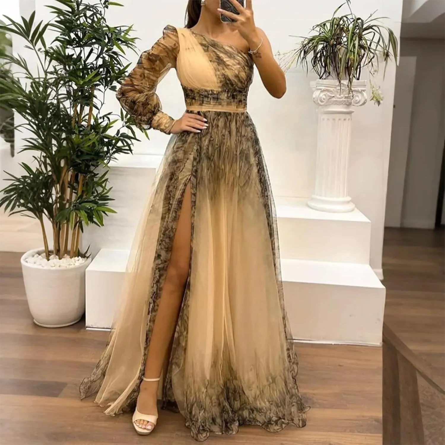 Womens Sexy Long Sleeve One Shoulder Mesh Maxi Dress with Flower Decor Split - Cocktail Party Floral Printing