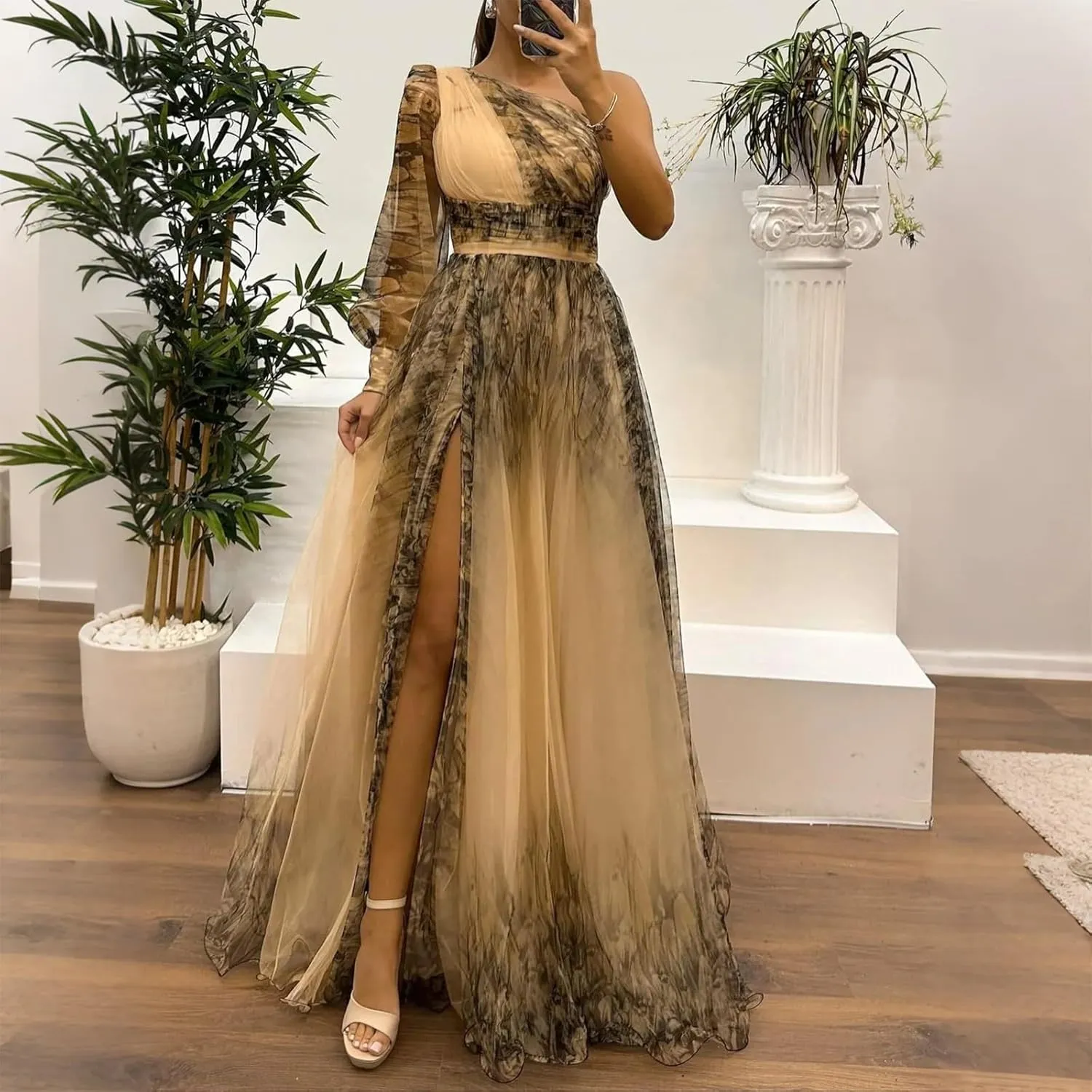 Womens Sexy Long Sleeve One Shoulder Mesh Maxi Dress with Flower Decor Split - Cocktail Party Floral Printing