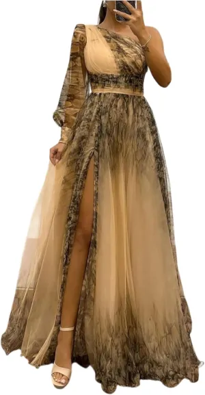 Womens Sexy Long Sleeve One Shoulder Mesh Maxi Dress with Flower Decor Split - Cocktail Party Floral Printing