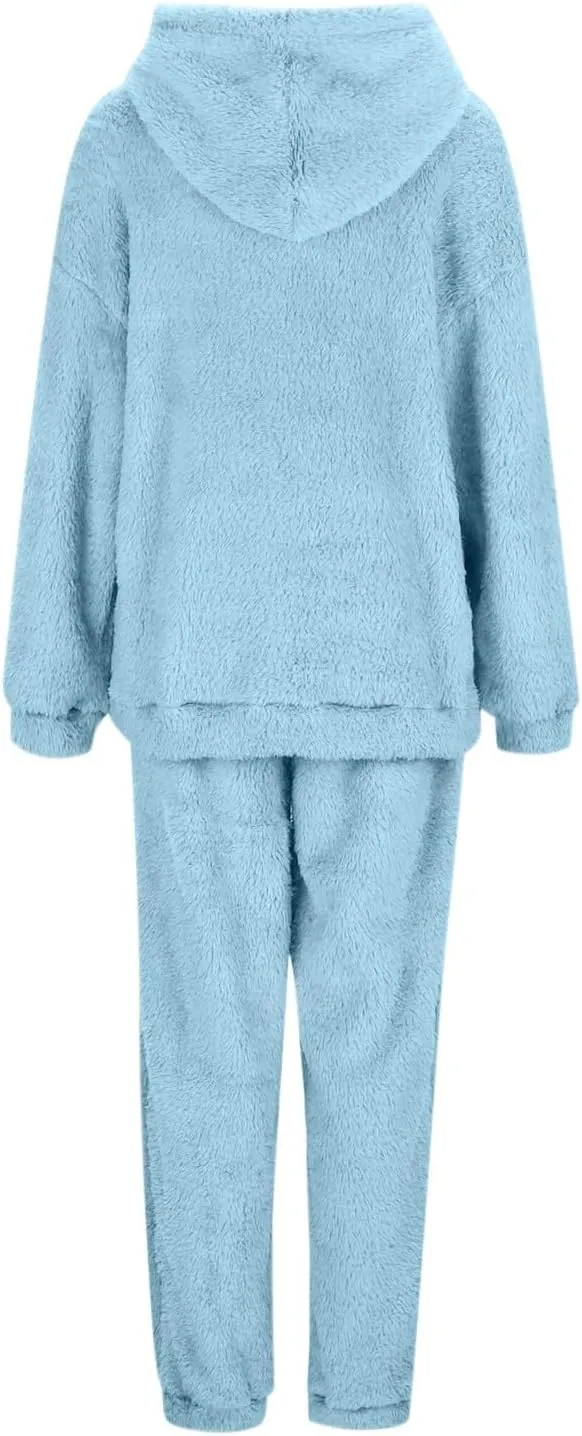 Womens Sherpa Sweatsuits Fuzzy Fleece Hoodies Casual Sweatpants 2 Piece Fluffy Tracksuits