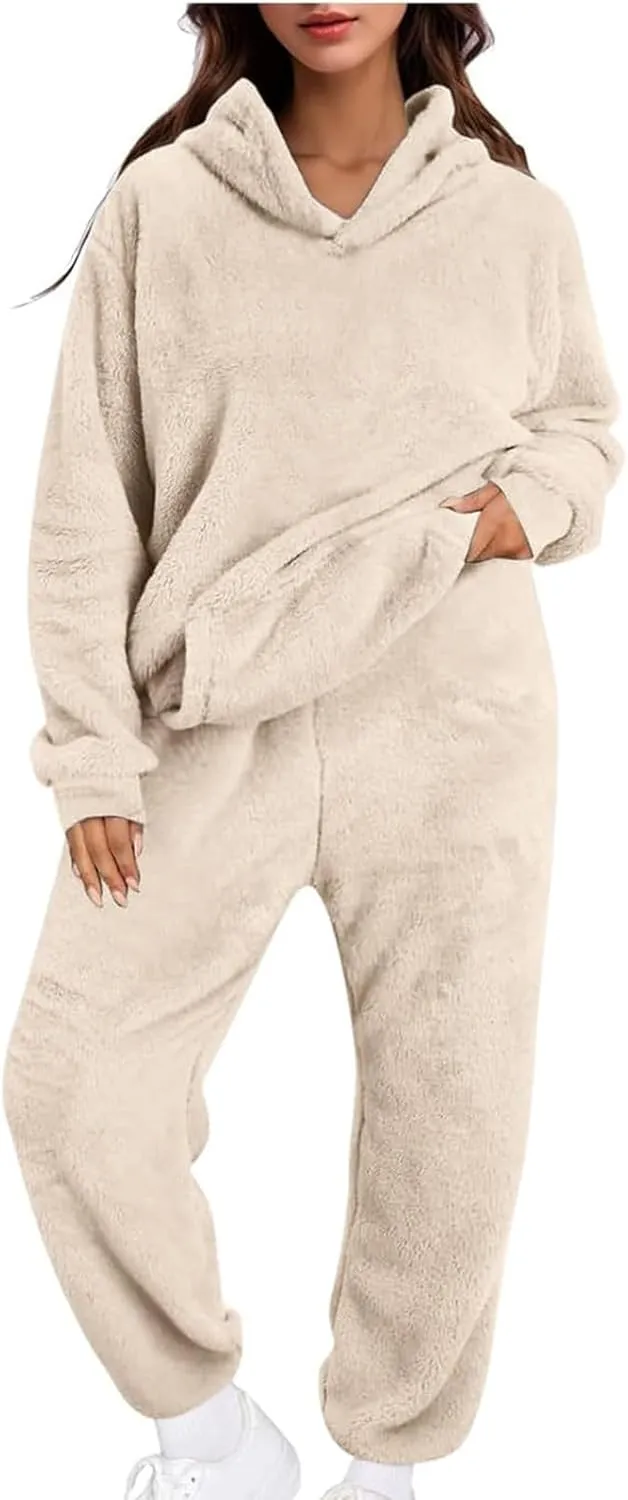 Womens Sherpa Sweatsuits Fuzzy Fleece Hoodies Casual Sweatpants 2 Piece Fluffy Tracksuits