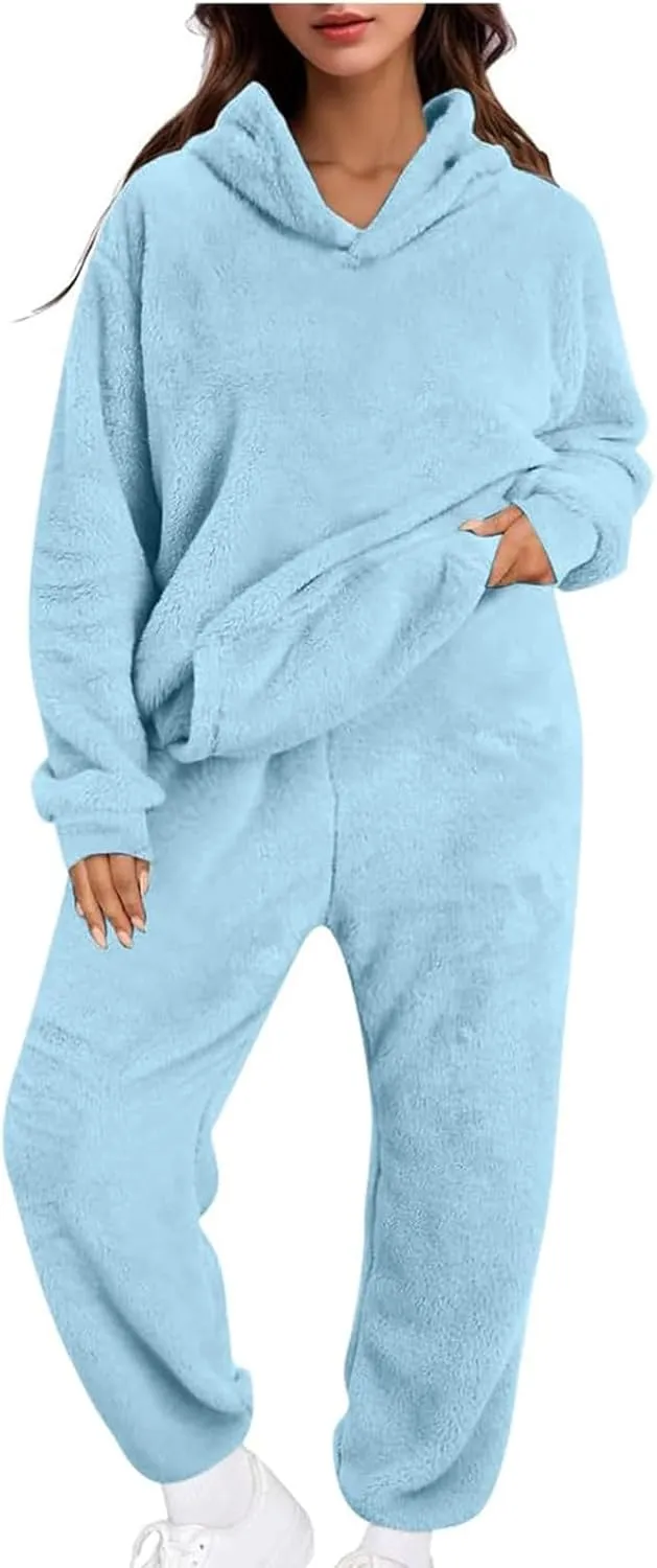 Womens Sherpa Sweatsuits Fuzzy Fleece Hoodies Casual Sweatpants 2 Piece Fluffy Tracksuits