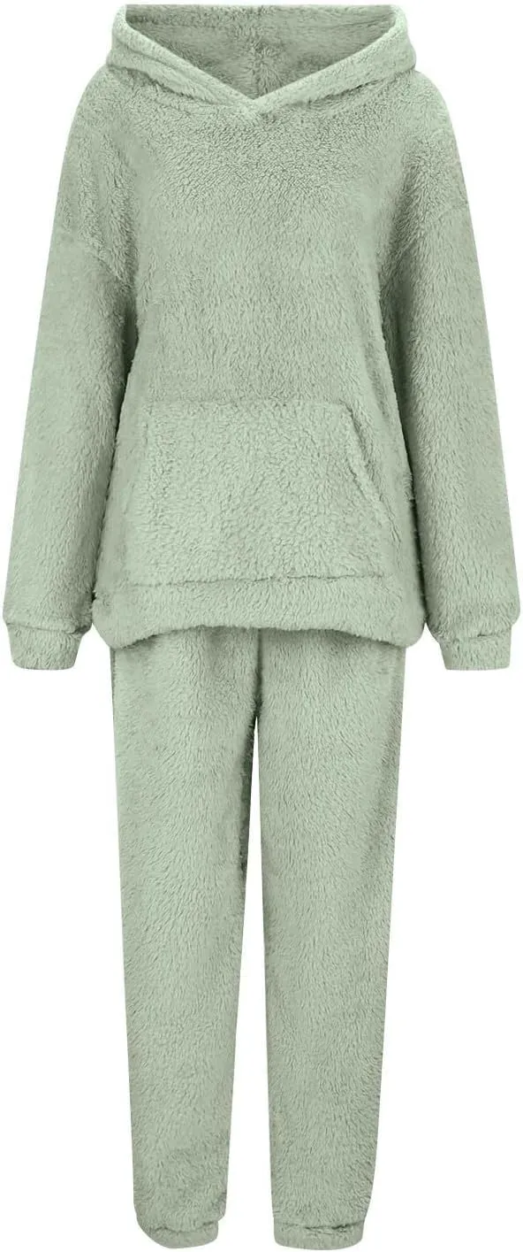 Womens Sherpa Sweatsuits Fuzzy Fleece Hoodies Casual Sweatpants 2 Piece Fluffy Tracksuits