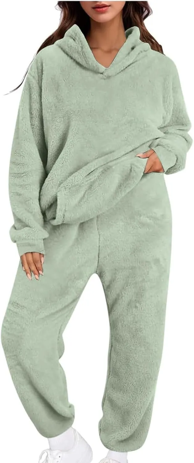 Womens Sherpa Sweatsuits Fuzzy Fleece Hoodies Casual Sweatpants 2 Piece Fluffy Tracksuits