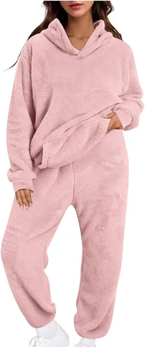 Womens Sherpa Sweatsuits Fuzzy Fleece Hoodies Casual Sweatpants 2 Piece Fluffy Tracksuits