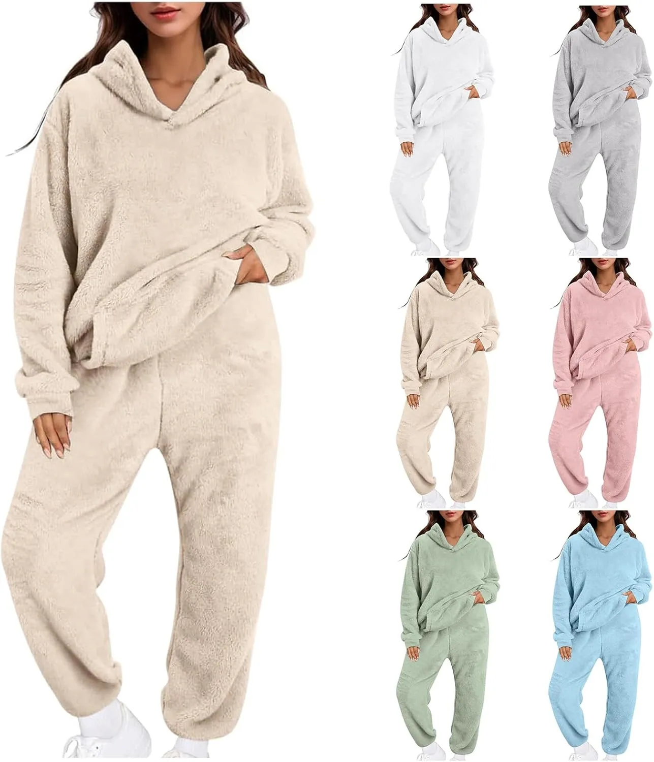 Womens Sherpa Sweatsuits Fuzzy Fleece Hoodies Casual Sweatpants 2 Piece Fluffy Tracksuits