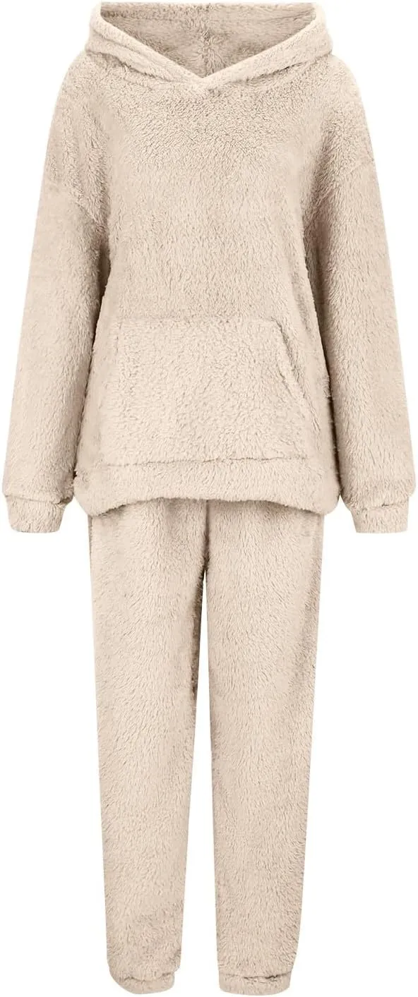 Womens Sherpa Sweatsuits Fuzzy Fleece Hoodies Casual Sweatpants 2 Piece Fluffy Tracksuits
