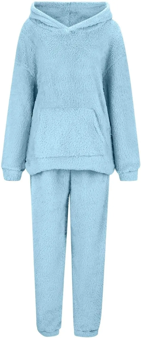 Womens Sherpa Sweatsuits Fuzzy Fleece Hoodies Casual Sweatpants 2 Piece Fluffy Tracksuits