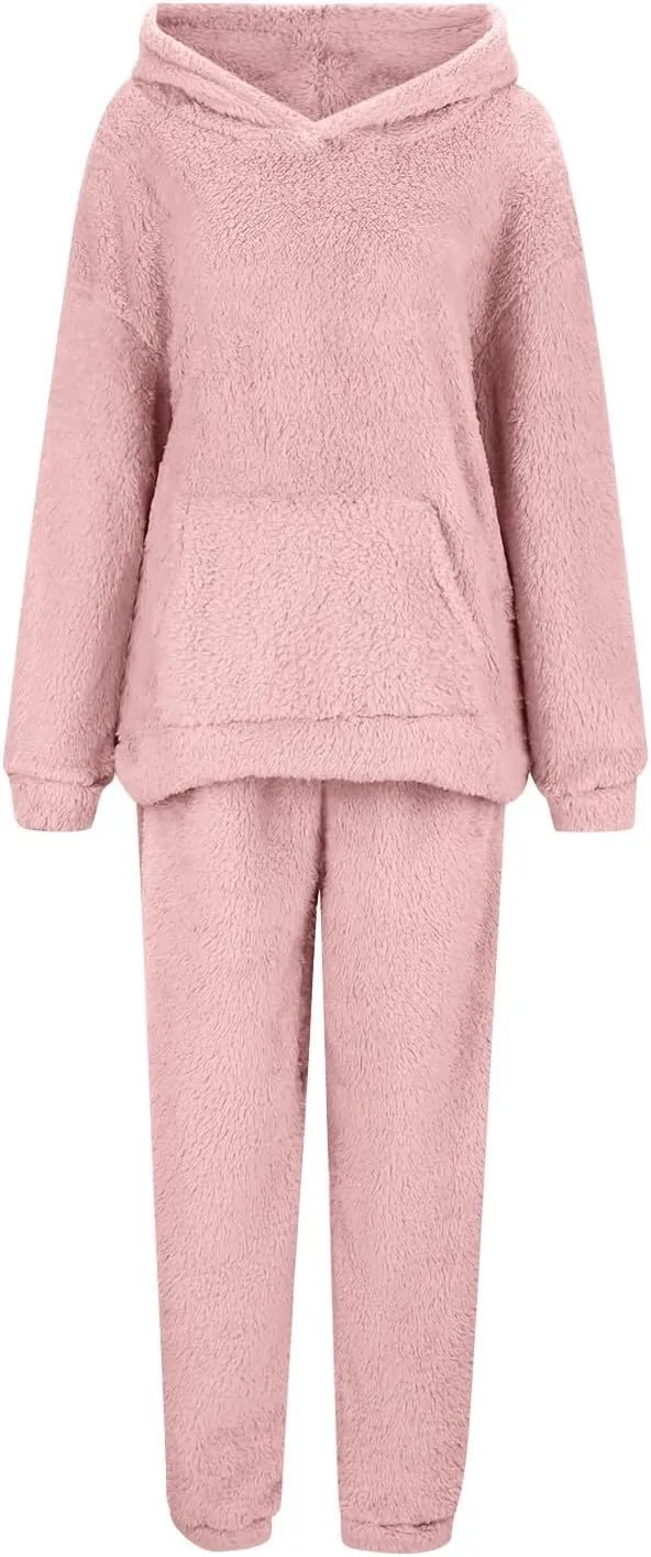 Womens Sherpa Sweatsuits Fuzzy Fleece Hoodies Casual Sweatpants 2 Piece Fluffy Tracksuits