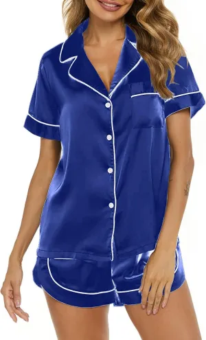 Womens Silk Pajamas Set Two Piece Satin Lounge Sets Short Sleeve Button Down Sleep Shirts & Shorts Soft Sleepwear