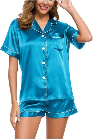 Womens Silk Satin Pajama Sets 2 Piece Shorts Set Sleepwear Soft Loungewear Button Down Short Sleeve PJ Nightwear