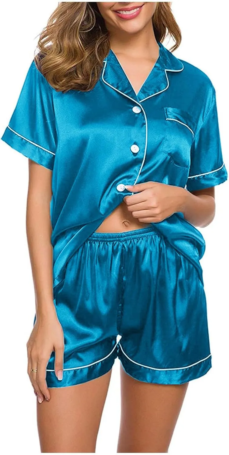 Womens Silk Satin Pajama Sets 2 Piece Shorts Set Sleepwear Soft Loungewear Button Down Short Sleeve PJ Nightwear