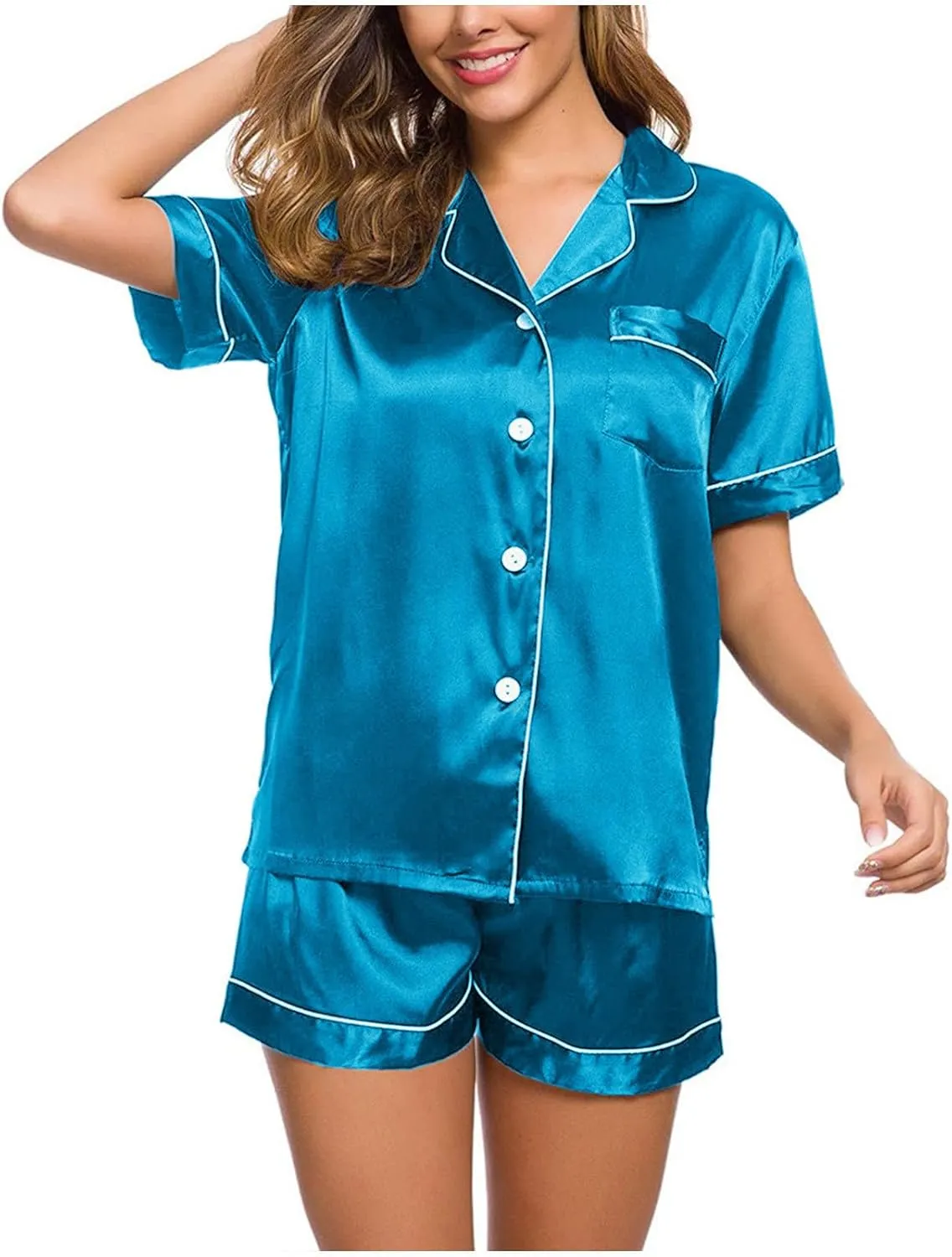 Womens Silk Satin Pajama Sets 2 Piece Shorts Set Sleepwear Soft Loungewear Button Down Short Sleeve PJ Nightwear