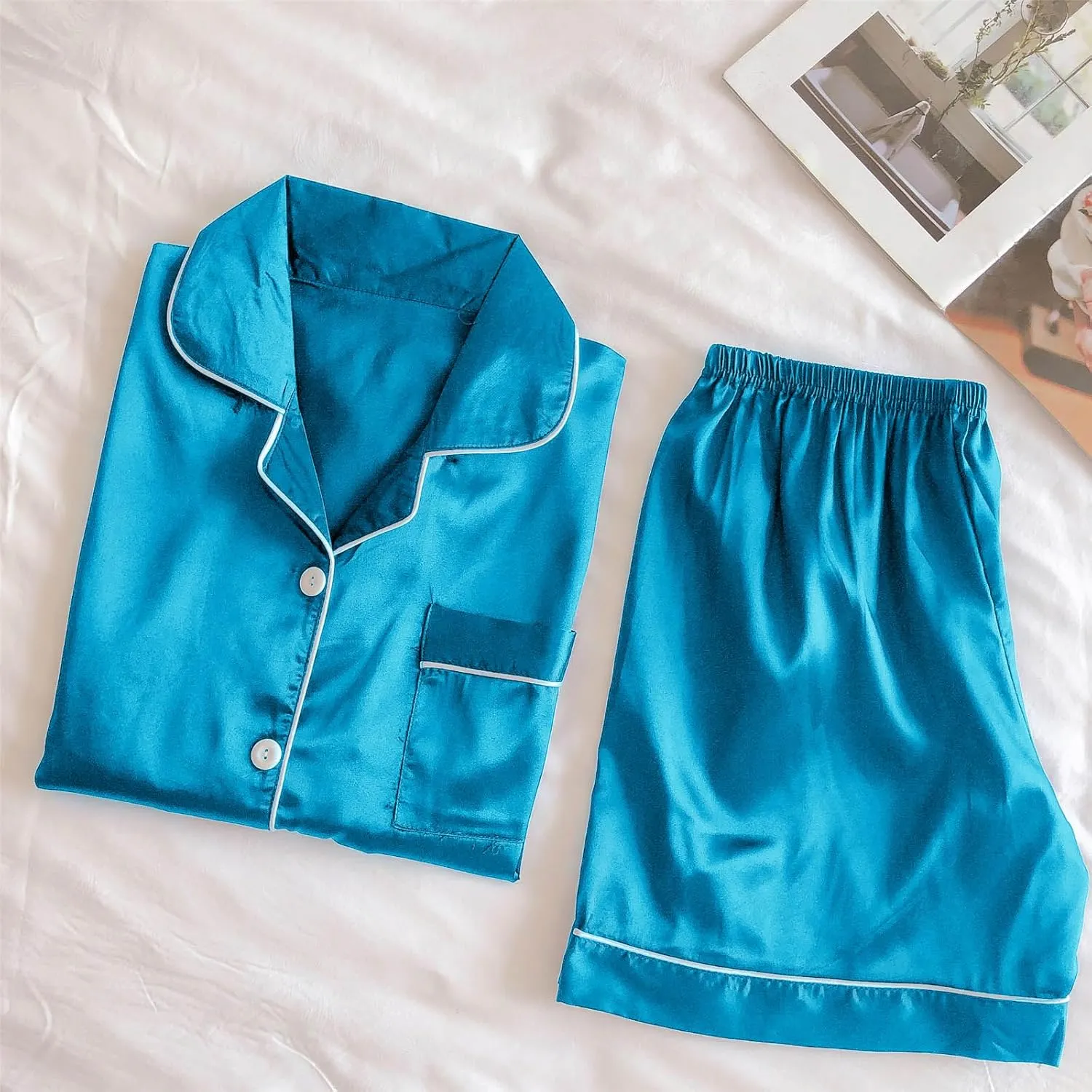 Womens Silk Satin Pajama Sets 2 Piece Shorts Set Sleepwear Soft Loungewear Button Down Short Sleeve PJ Nightwear