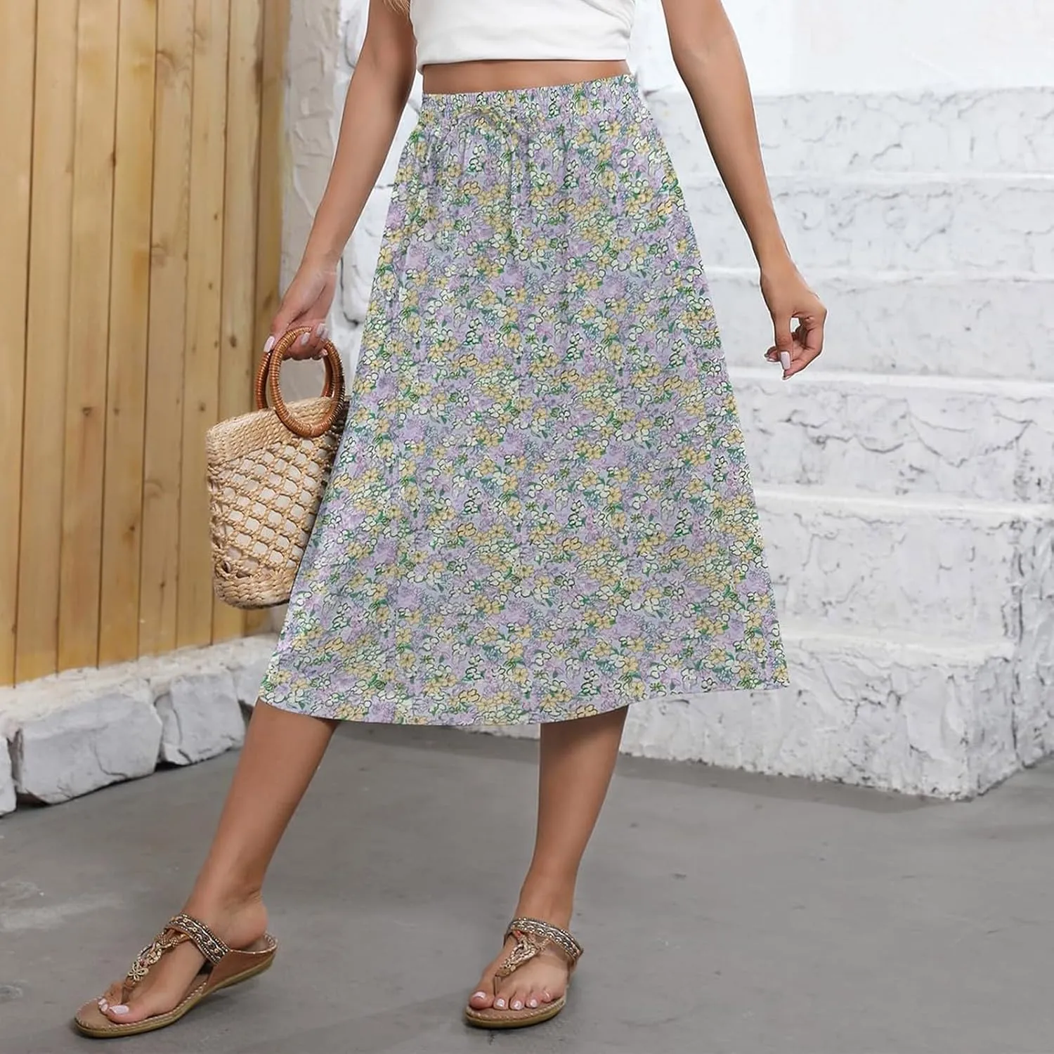 Womens Skirts Summer Midi Skirt Drawstring High Waisted Knee Length Skirt Pleated A-Line Swing Skirts with Pockets
