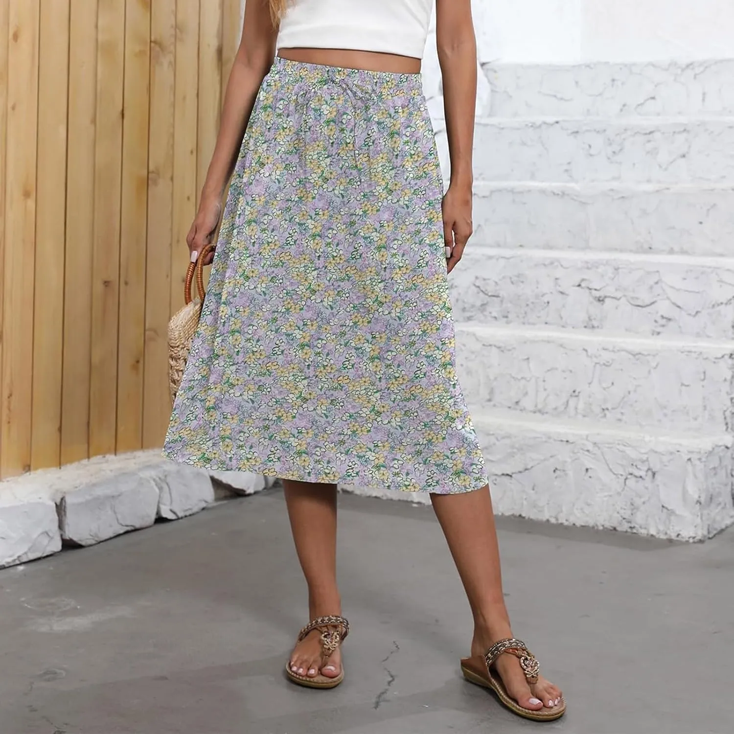 Womens Skirts Summer Midi Skirt Drawstring High Waisted Knee Length Skirt Pleated A-Line Swing Skirts with Pockets