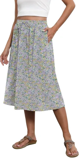 Womens Skirts Summer Midi Skirt Drawstring High Waisted Knee Length Skirt Pleated A-Line Swing Skirts with Pockets