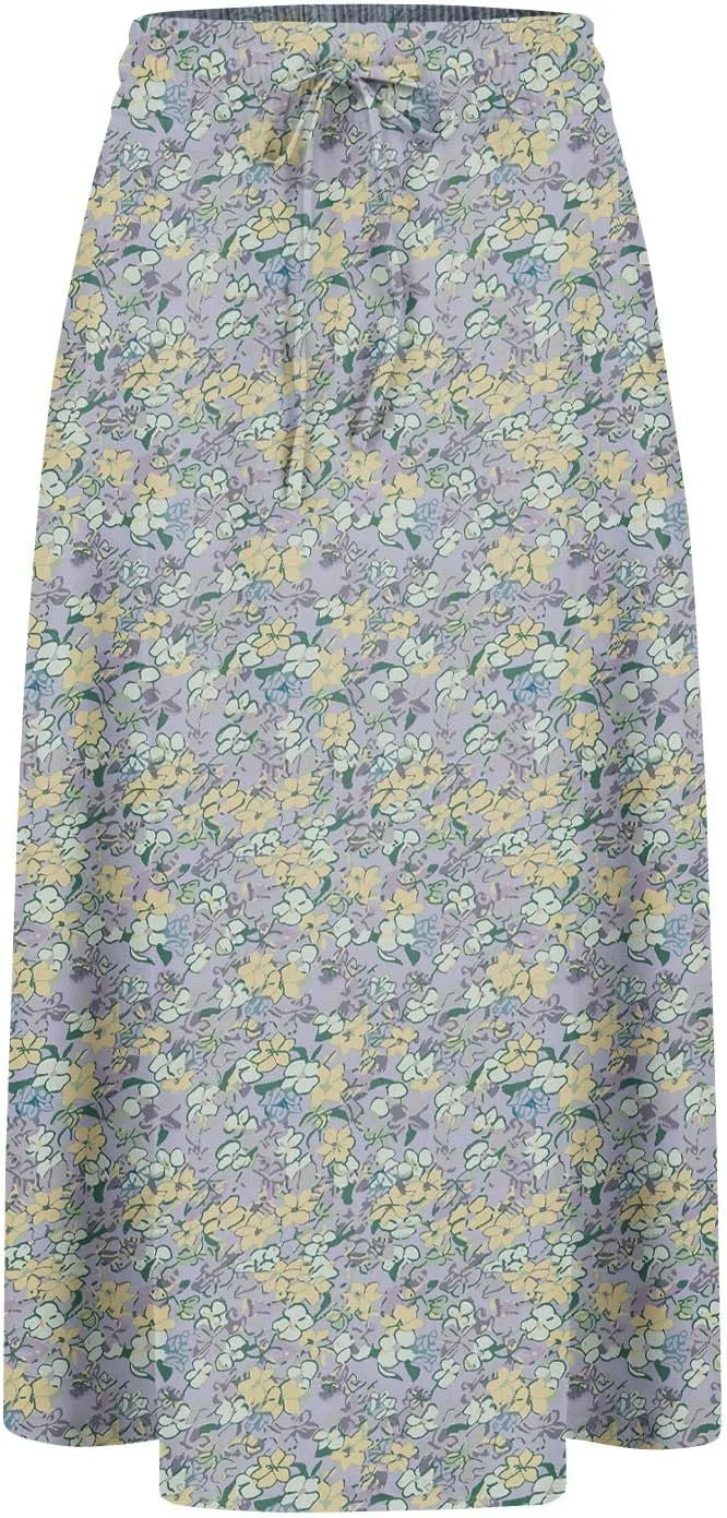 Womens Skirts Summer Midi Skirt Drawstring High Waisted Knee Length Skirt Pleated A-Line Swing Skirts with Pockets
