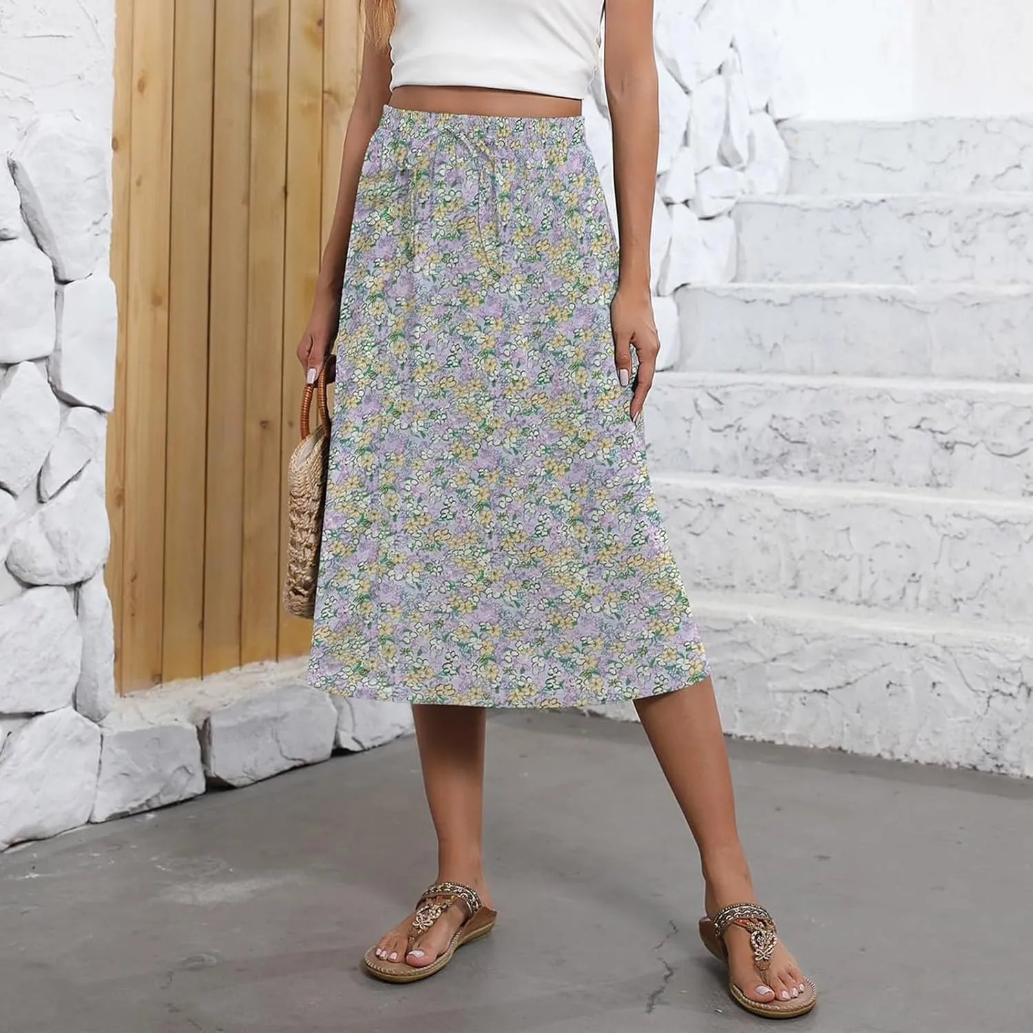 Womens Skirts Summer Midi Skirt Drawstring High Waisted Knee Length Skirt Pleated A-Line Swing Skirts with Pockets