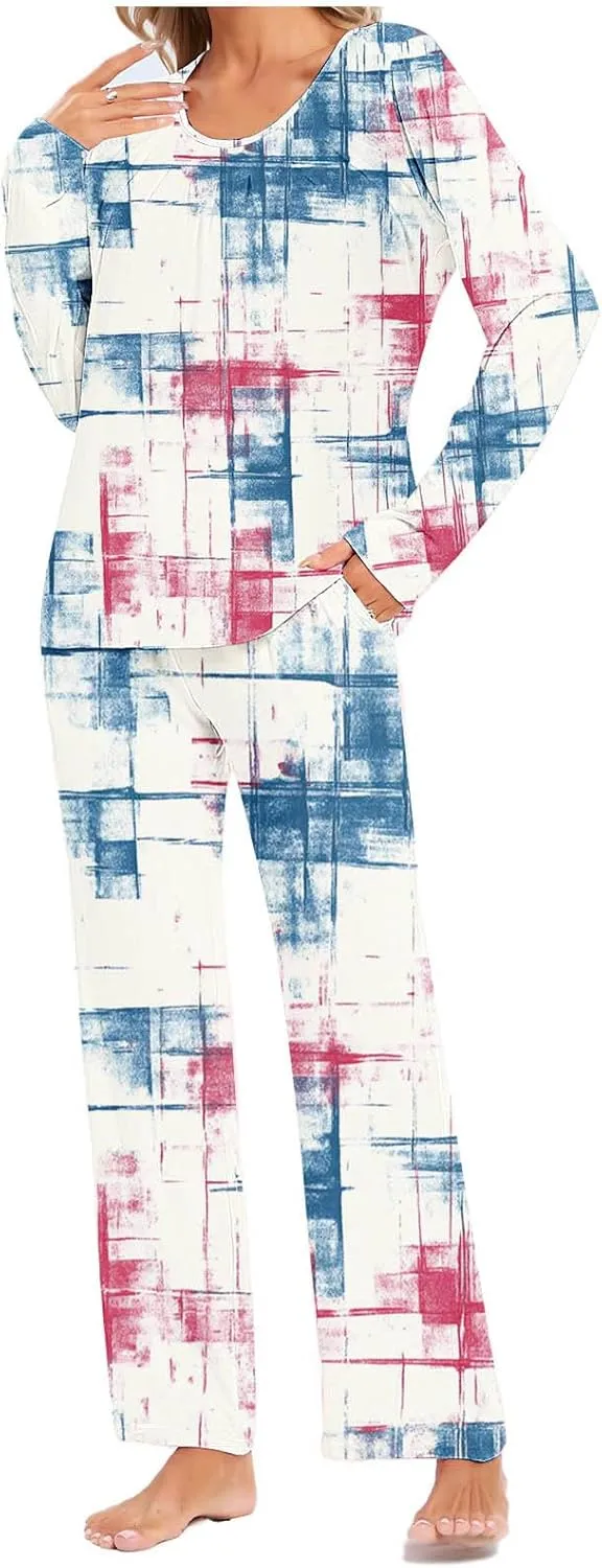 Womens Sleepwear Set Chevron Print Pajama Long Sleeve Top and Pants Vintage Crewneck Loose Fit Comfortable Nightwear