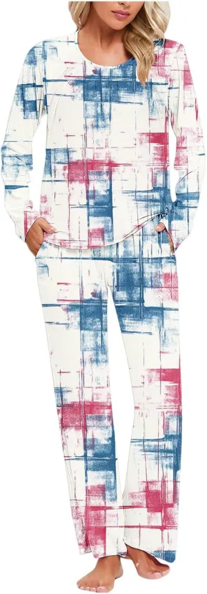 Womens Sleepwear Set Chevron Print Pajama Long Sleeve Top and Pants Vintage Crewneck Loose Fit Comfortable Nightwear