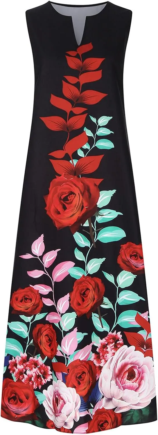 Womens Sleeveless Dresses Floral Dresses for Women V Neck Beach Hawaiian Maxi Long Summer Fall Dresses 2024