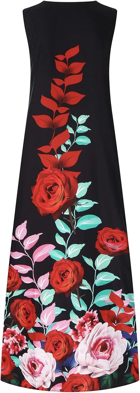 Womens Sleeveless Dresses Floral Dresses for Women V Neck Beach Hawaiian Maxi Long Summer Fall Dresses 2024