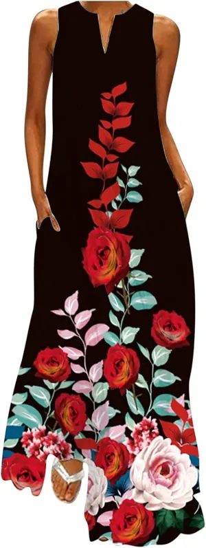 Womens Sleeveless Dresses Floral Dresses for Women V Neck Beach Hawaiian Maxi Long Summer Fall Dresses 2024