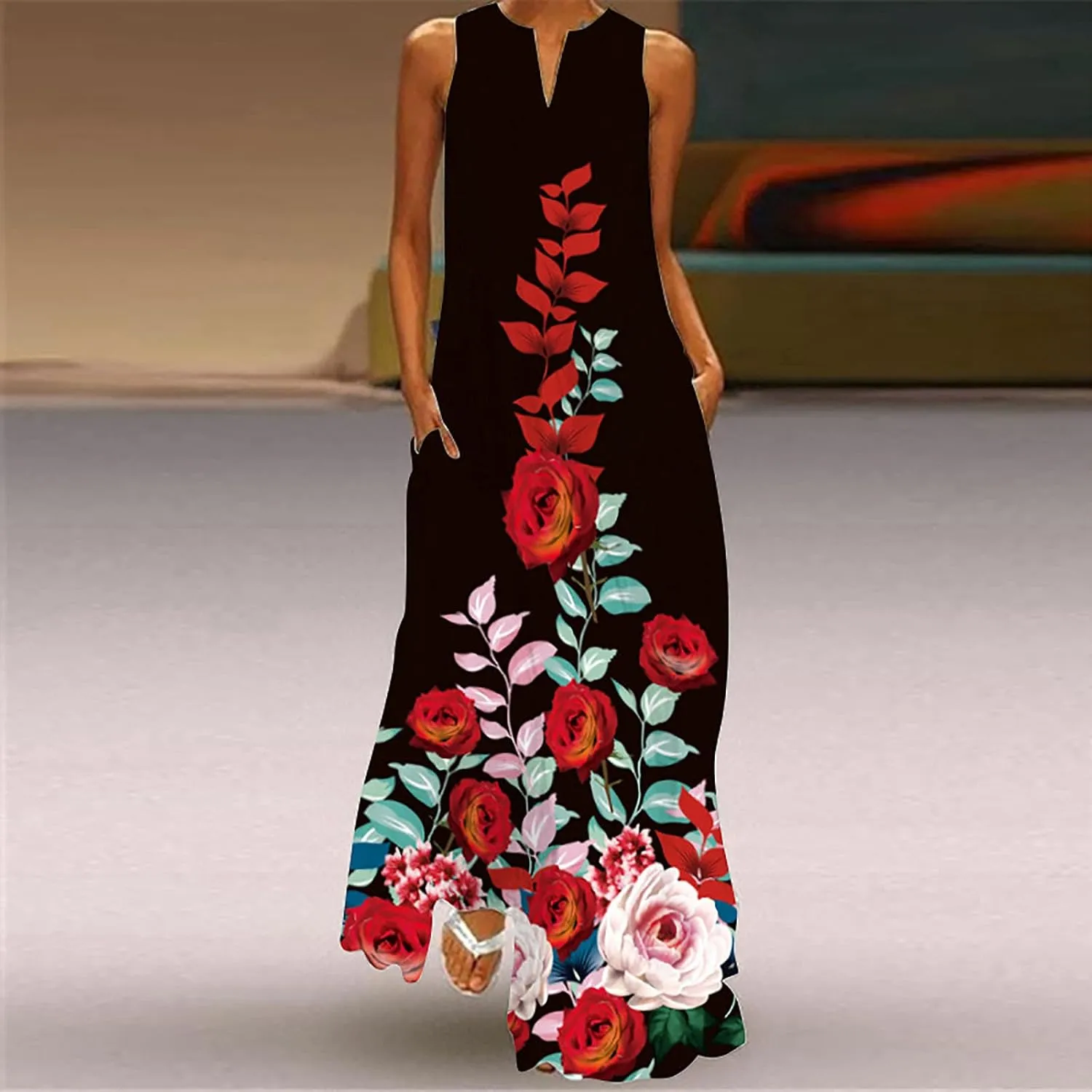 Womens Sleeveless Dresses Floral Dresses for Women V Neck Beach Hawaiian Maxi Long Summer Fall Dresses 2024