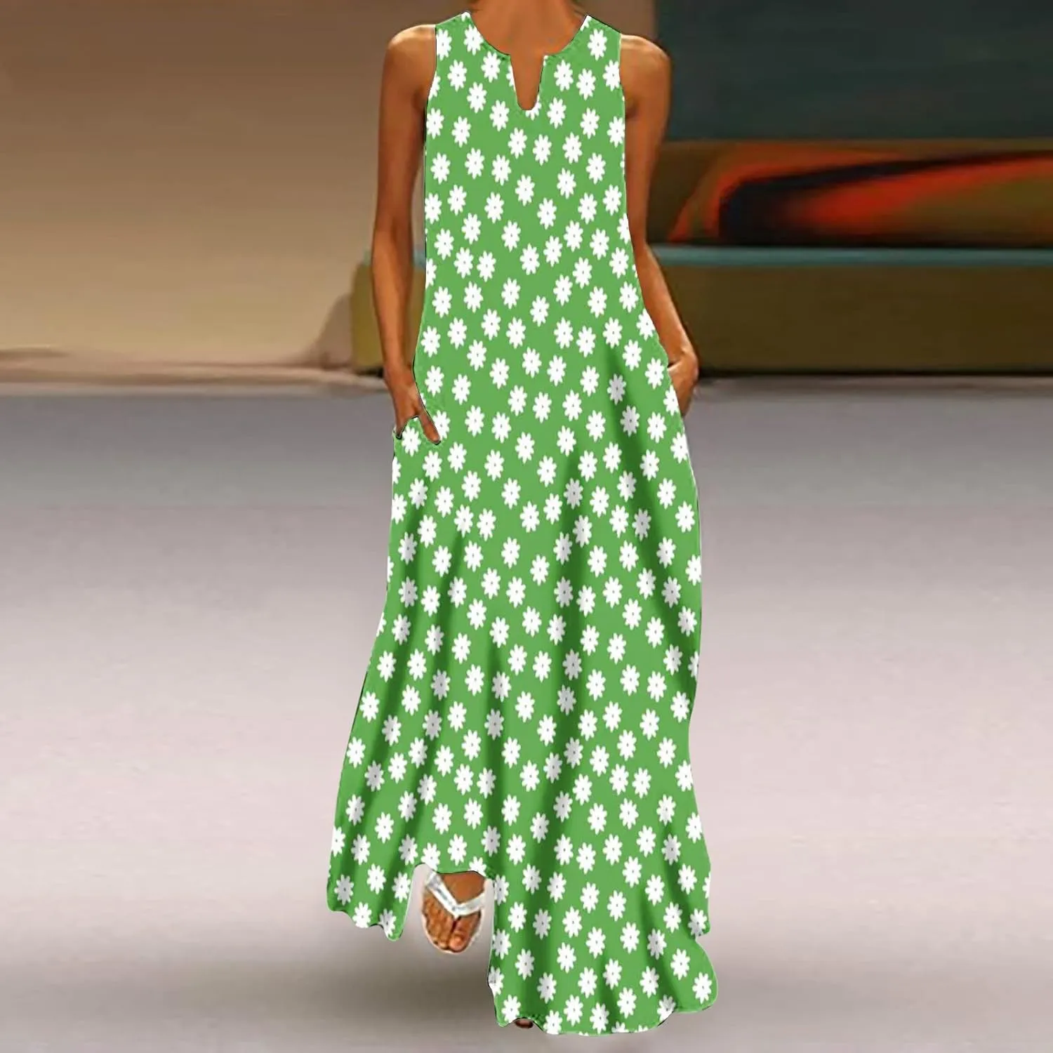 Womens Sleeveless Dresses Floral Dresses for Women V Neck Beach Hawaiian Maxi Long Summer Fall Dresses 2024