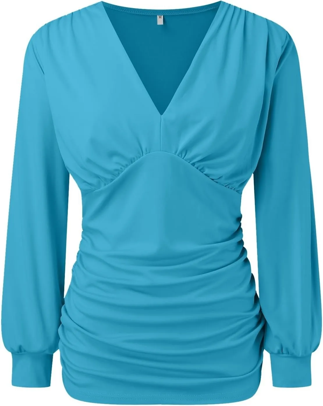 Womens Slim Fit Tops Deep V Neck Elastic Waist Ruched Wrap Blouses Sparkly Gauze Mesh Drill Puff Sleeve Shirts