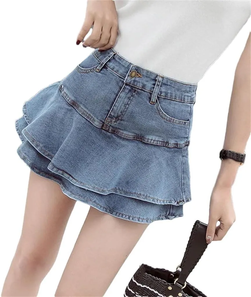 Women's Slim Pleated Ruffle Short Mini Denim Skirts Summer Sexy Solid Color A Line Denim Skirts