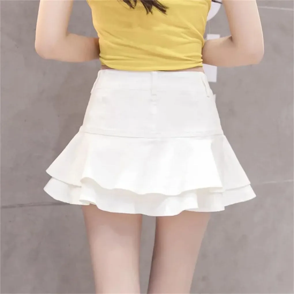 Women's Slim Pleated Ruffle Short Mini Denim Skirts Summer Sexy Solid Color A Line Denim Skirts