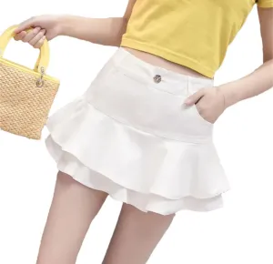 Women's Slim Pleated Ruffle Short Mini Denim Skirts Summer Sexy Solid Color A Line Denim Skirts