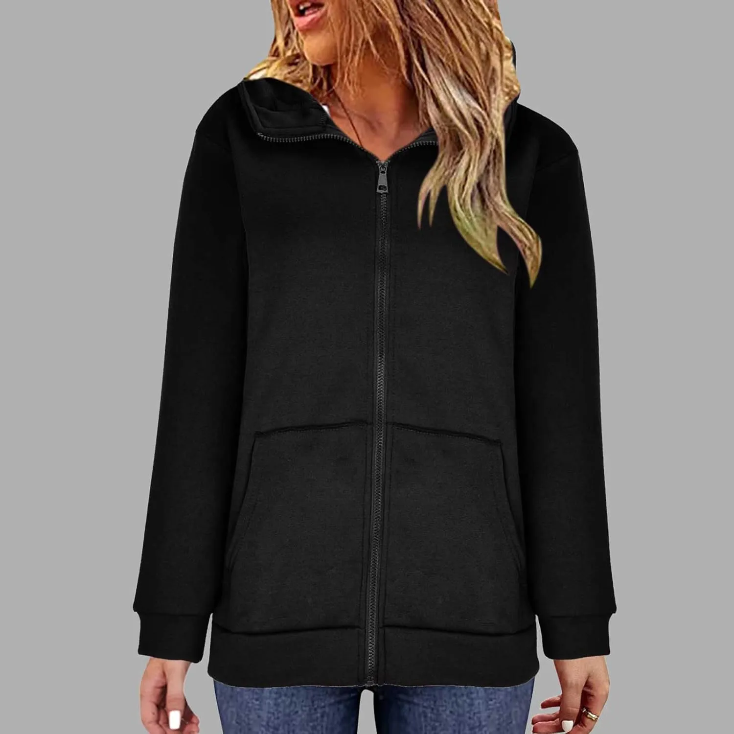 Women's Solid Color Hoodie Zip Up Hooded Sweatshirts Zipper Long Sleeve Tops Fall Coats Plus Size Jacket with Pockets