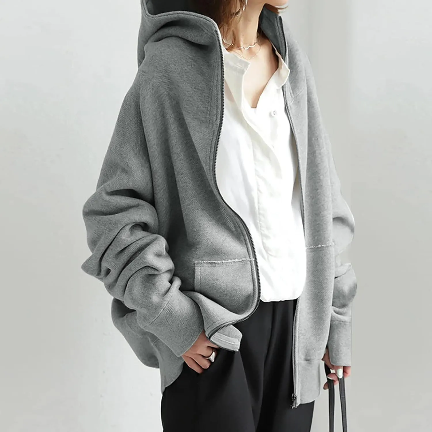 Women's Solid Color Hoodie Zip Up Hooded Sweatshirts Zipper Long Sleeve Tops Fall Coats Plus Size Jacket with Pockets