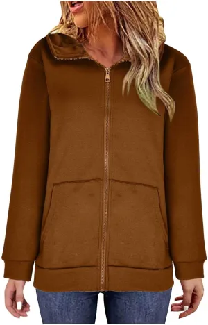 Women's Solid Color Hoodie Zip Up Hooded Sweatshirts Zipper Long Sleeve Tops Fall Coats Plus Size Jacket with Pockets