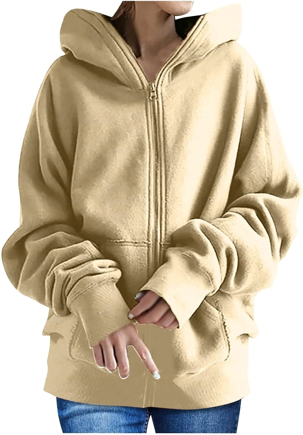 Women's Solid Color Hoodie Zip Up Hooded Sweatshirts Zipper Long Sleeve Tops Fall Coats Plus Size Jacket with Pockets