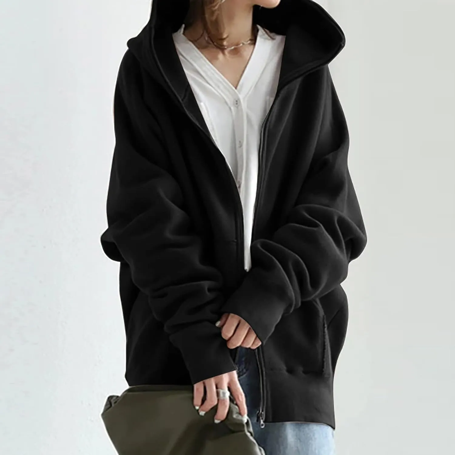 Women's Solid Color Hoodie Zip Up Hooded Sweatshirts Zipper Long Sleeve Tops Fall Coats Plus Size Jacket with Pockets