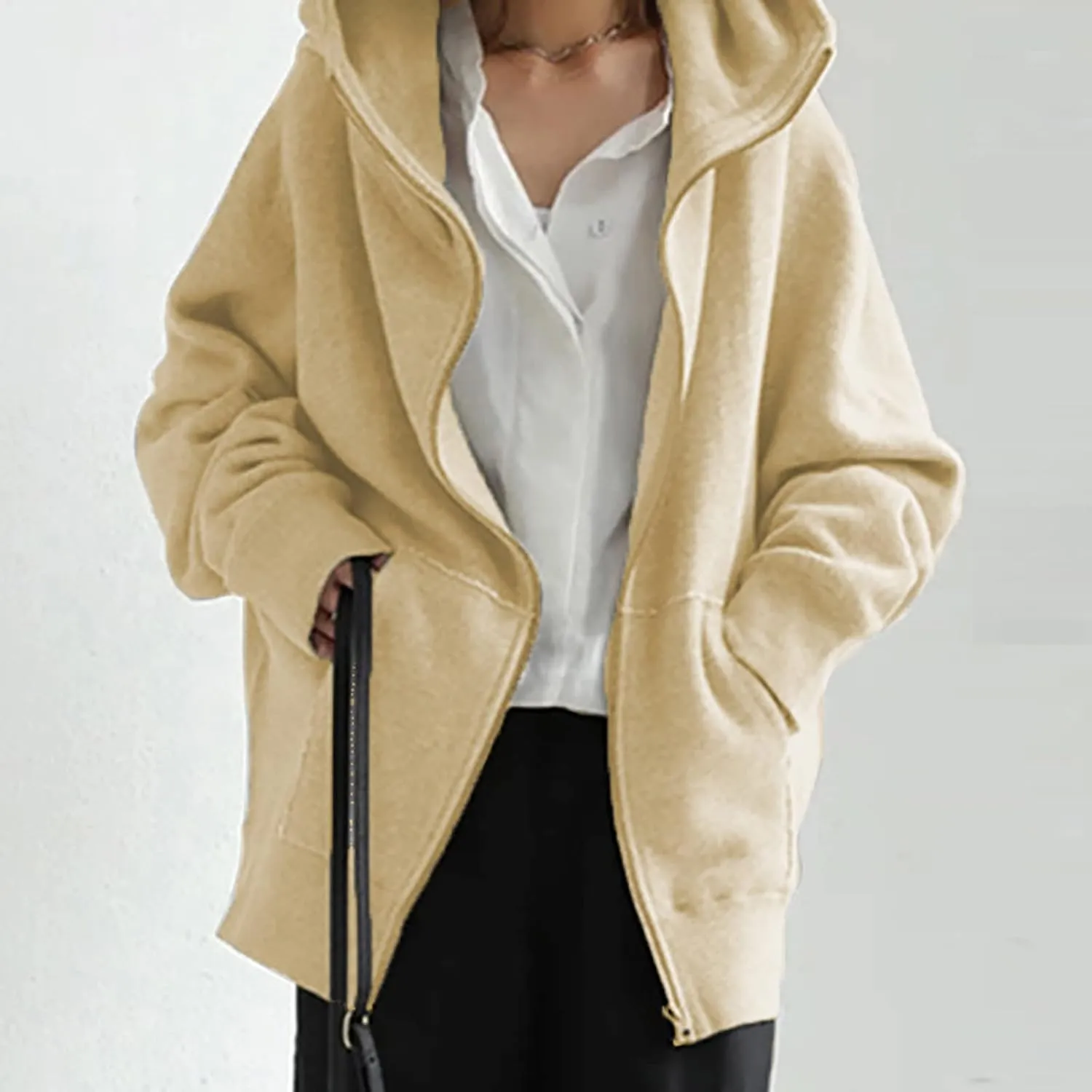 Women's Solid Color Hoodie Zip Up Hooded Sweatshirts Zipper Long Sleeve Tops Fall Coats Plus Size Jacket with Pockets